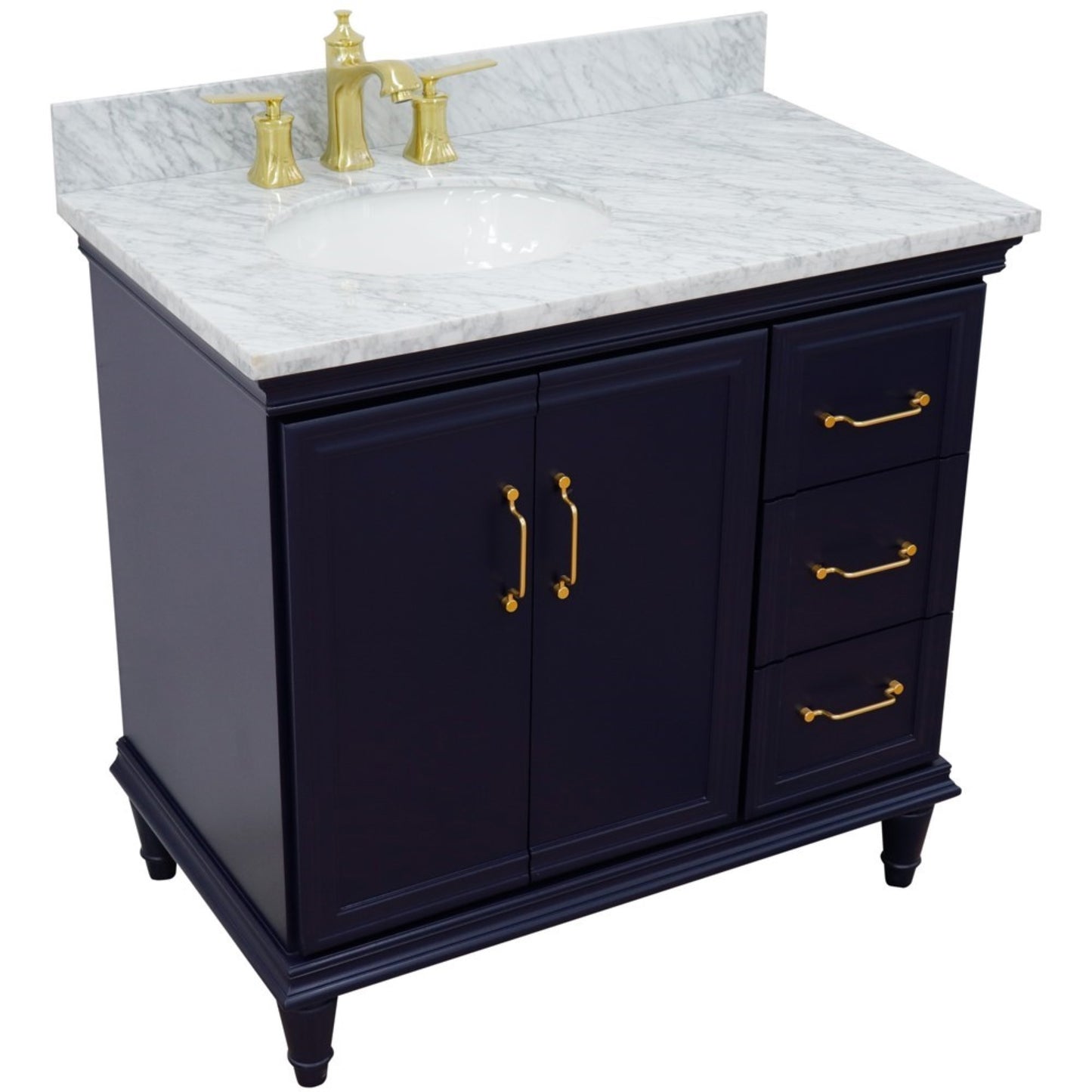 37" Single vanity in Blue finish with White Carrara and oval sink Left door/Left sink