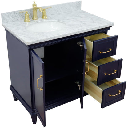 37" Single vanity in Blue finish with White Carrara and oval sink Left door/Left sink