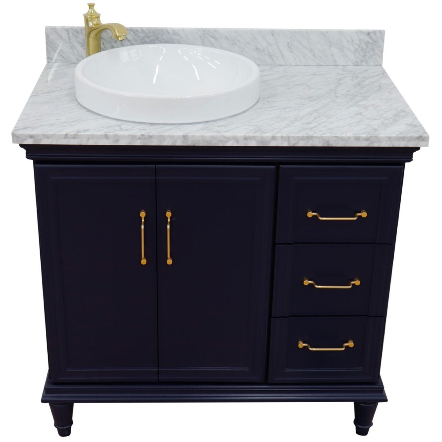 37" Single vanity in Blue finish with White Carrara and round sink Left door/Left sink