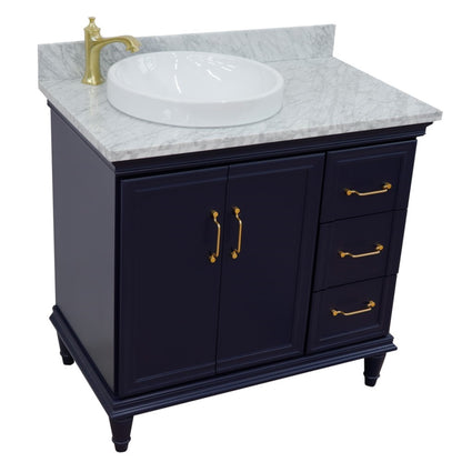 37" Single vanity in Blue finish with White Carrara and round sink Left door/Left sink