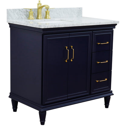 37" Single vanity in Blue finish with White Carrara and rectangle sink Left door/Left sink