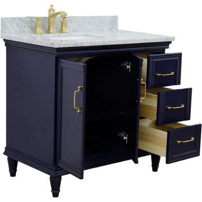 37" Single vanity in Blue finish with White Carrara and rectangle sink Left door/Left sink