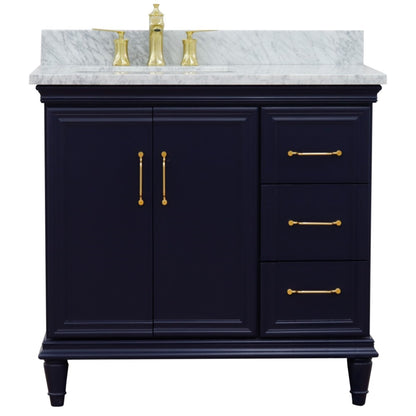 37" Single vanity in Blue finish with White Carrara and rectangle sink Left door/Left sink