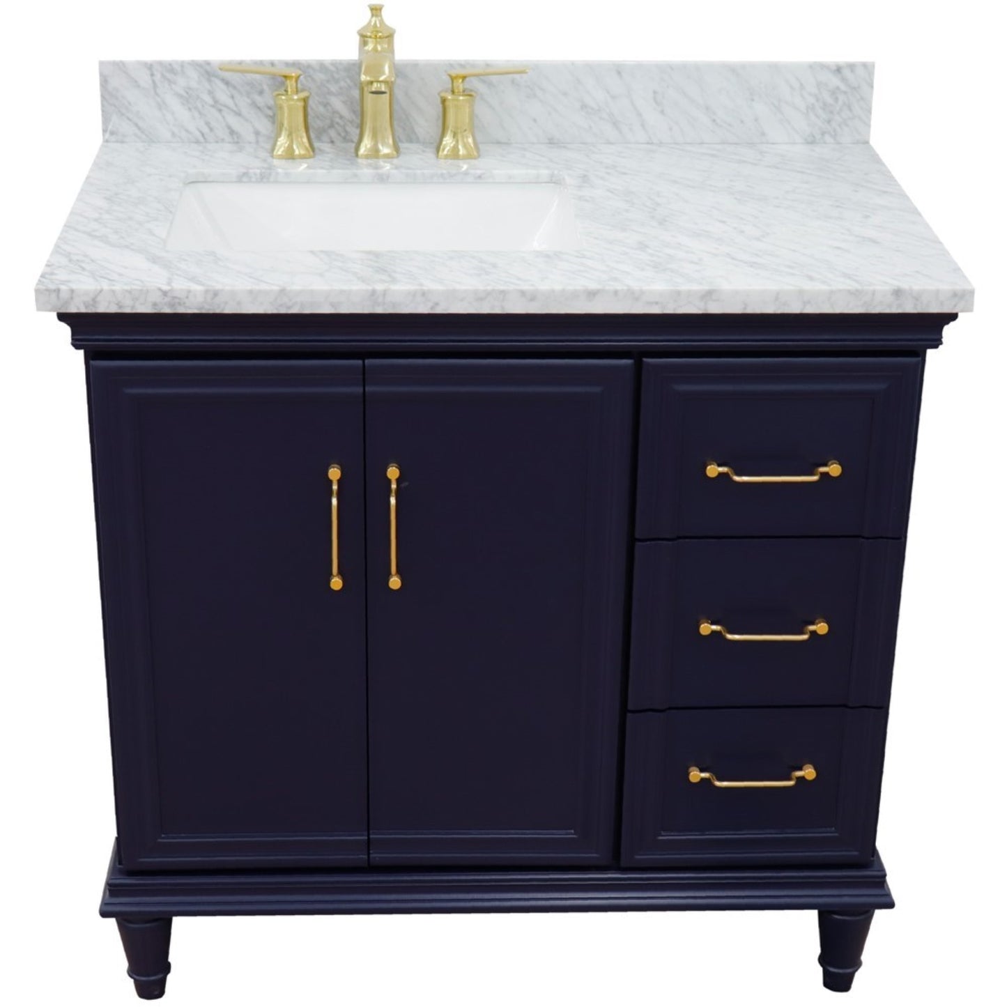 37" Single vanity in Blue finish with White Carrara and rectangle sink Left door/Left sink