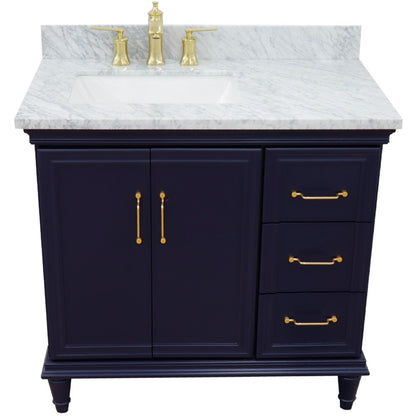 37" Single vanity in Blue finish with White Carrara and rectangle sink Left door/Left sink