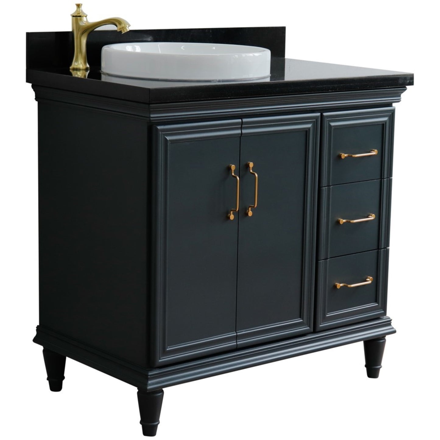 37" Single vanity in Dark Gray finish with Black galaxy and round sink Left door/Left sink