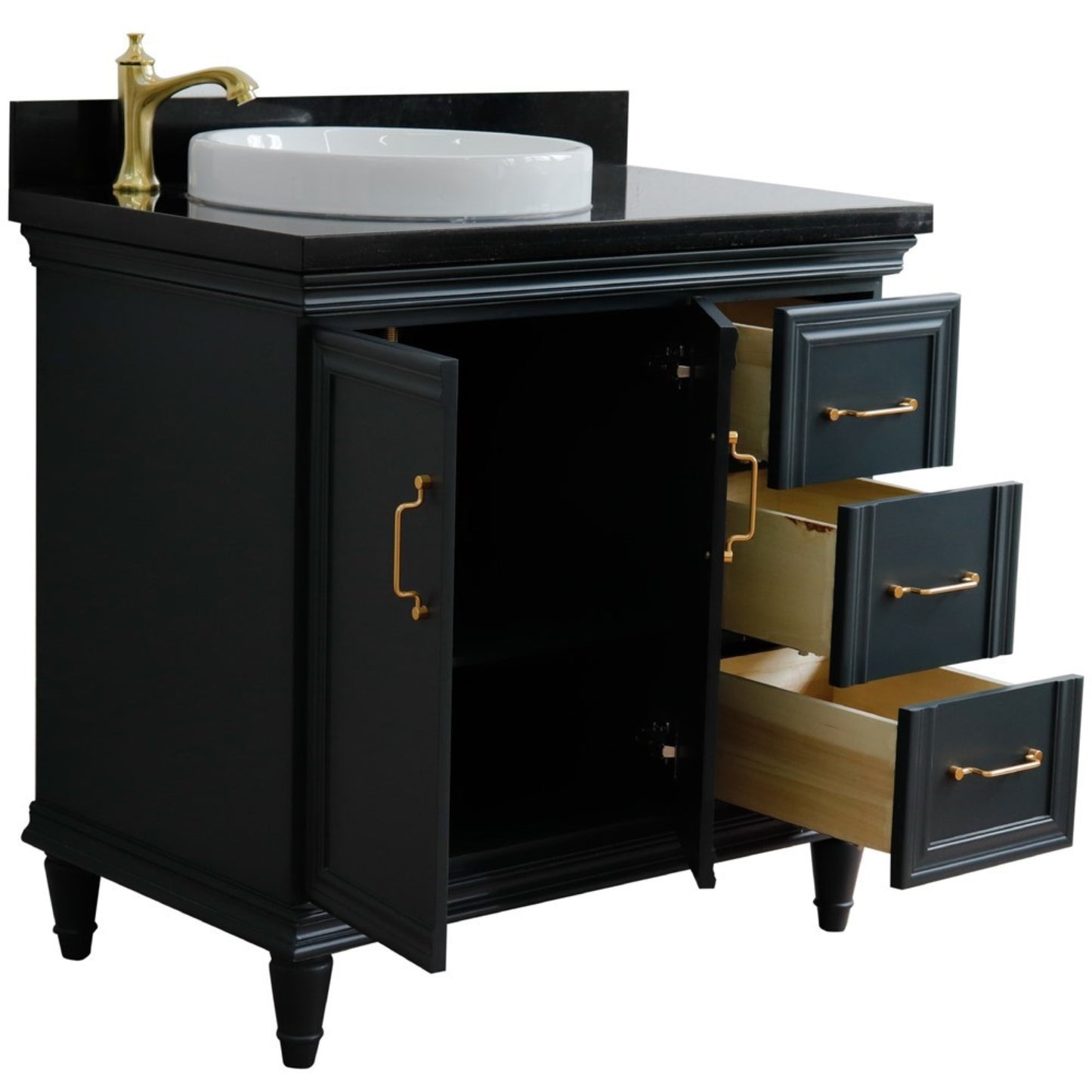 37" Single vanity in Dark Gray finish with Black galaxy and round sink Left door/Left sink