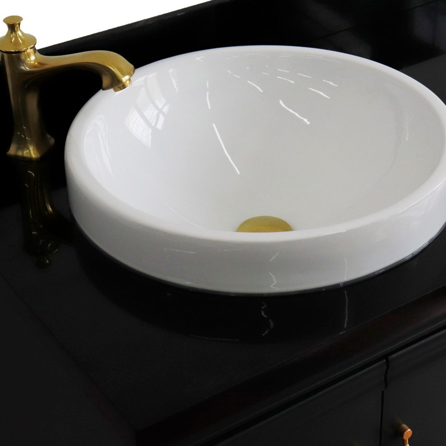 37" Single vanity in Dark Gray finish with Black galaxy and round sink Left door/Left sink