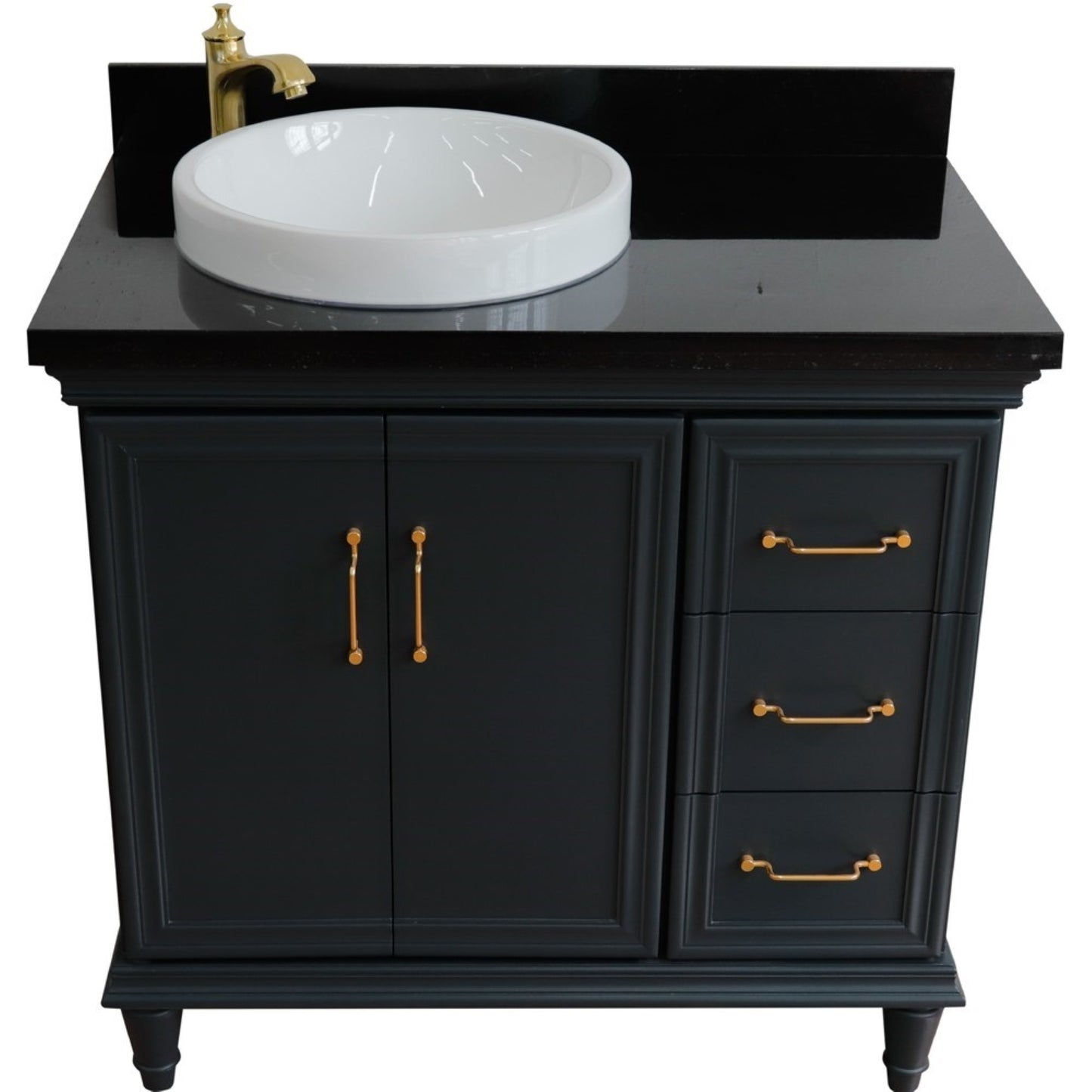 37" Single vanity in Dark Gray finish with Black galaxy and round sink Left door/Left sink