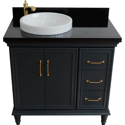 37" Single vanity in Dark Gray finish with Black galaxy and round sink Left door/Left sink
