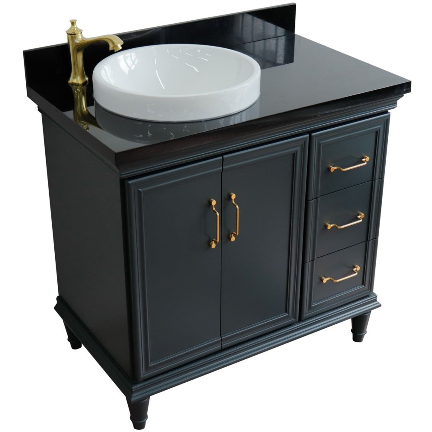 37" Single vanity in Dark Gray finish with Black galaxy and round sink Left door/Left sink