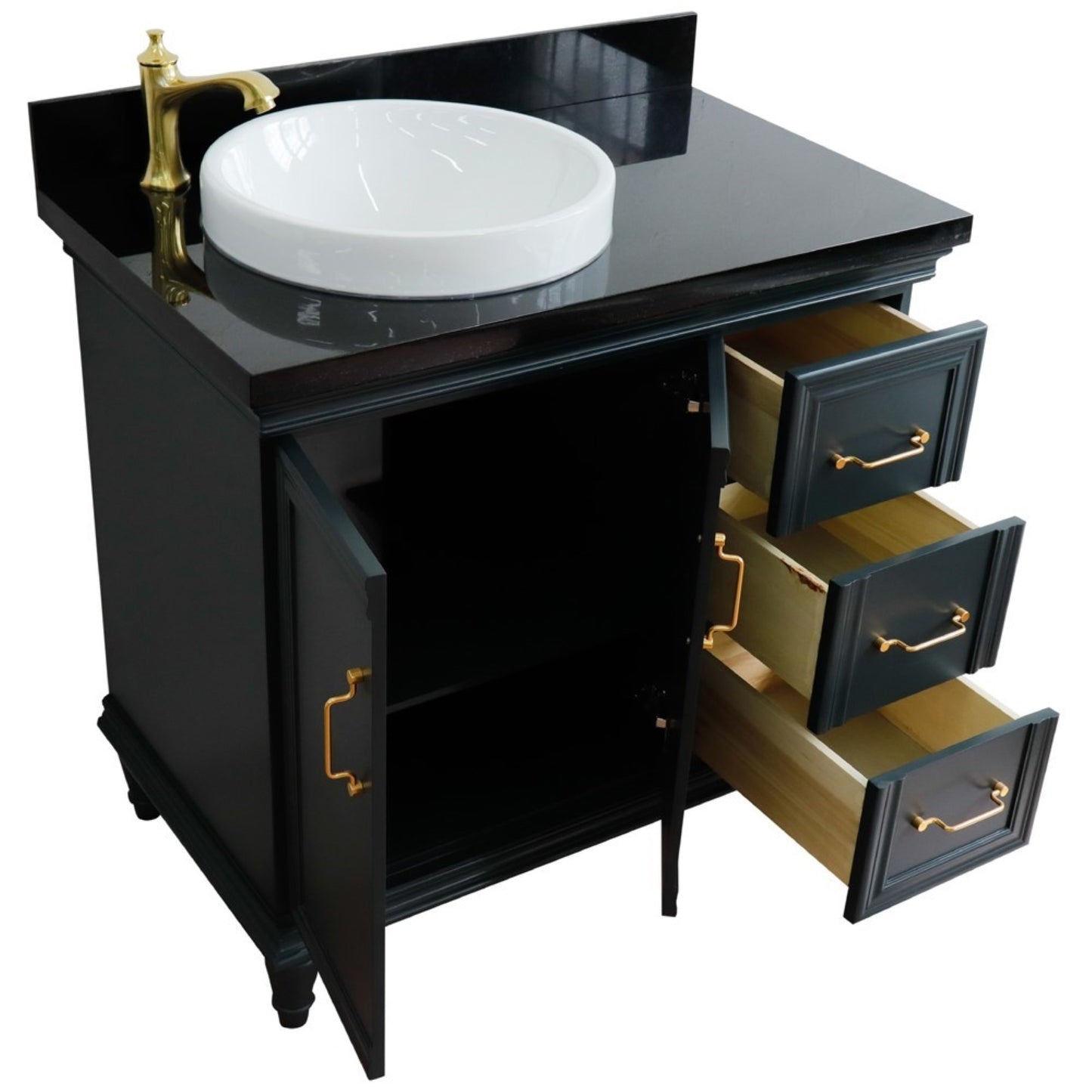 37" Single vanity in Dark Gray finish with Black galaxy and round sink Left door/Left sink