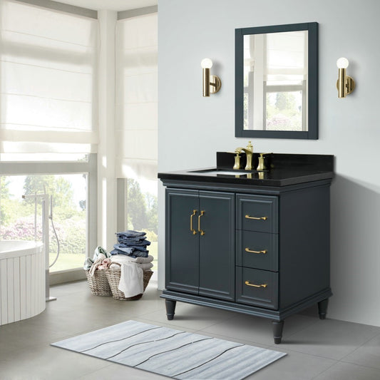 37" Single vanity in Dark Gray finish with Black galaxy and rectangle sink Left door/Left sink