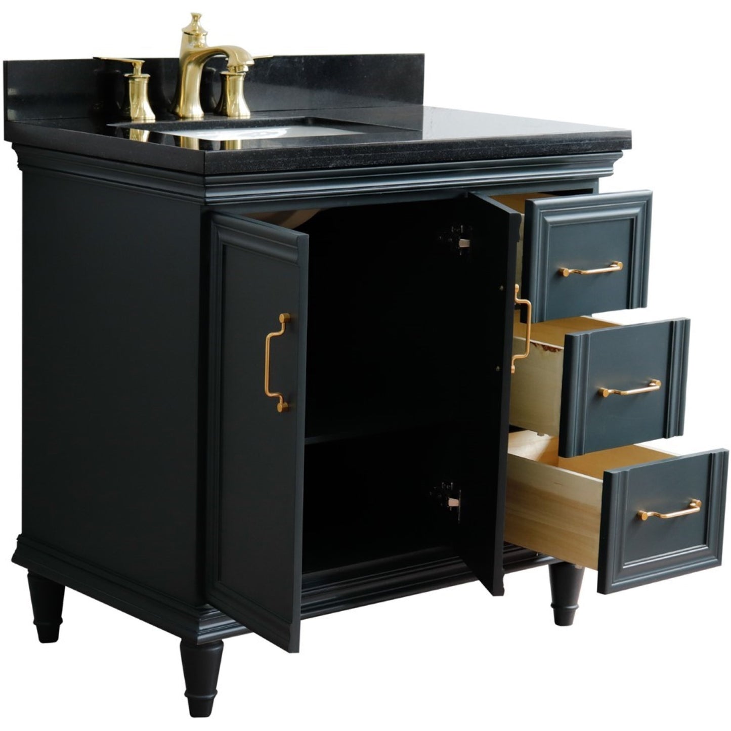 37" Single vanity in Dark Gray finish with Black galaxy and rectangle sink Left door/Left sink