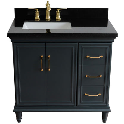 37" Single vanity in Dark Gray finish with Black galaxy and rectangle sink Left door/Left sink