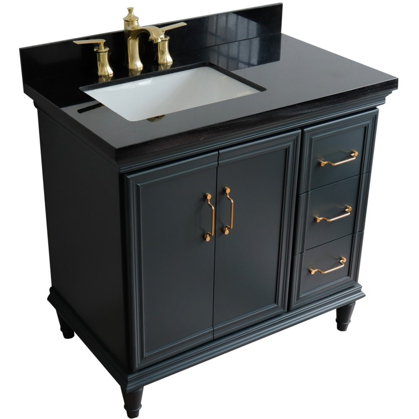 37" Single vanity in Dark Gray finish with Black galaxy and rectangle sink Left door/Left sink