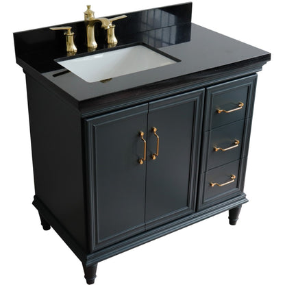 37" Single vanity in Dark Gray finish with Black galaxy and rectangle sink Left door/Left sink