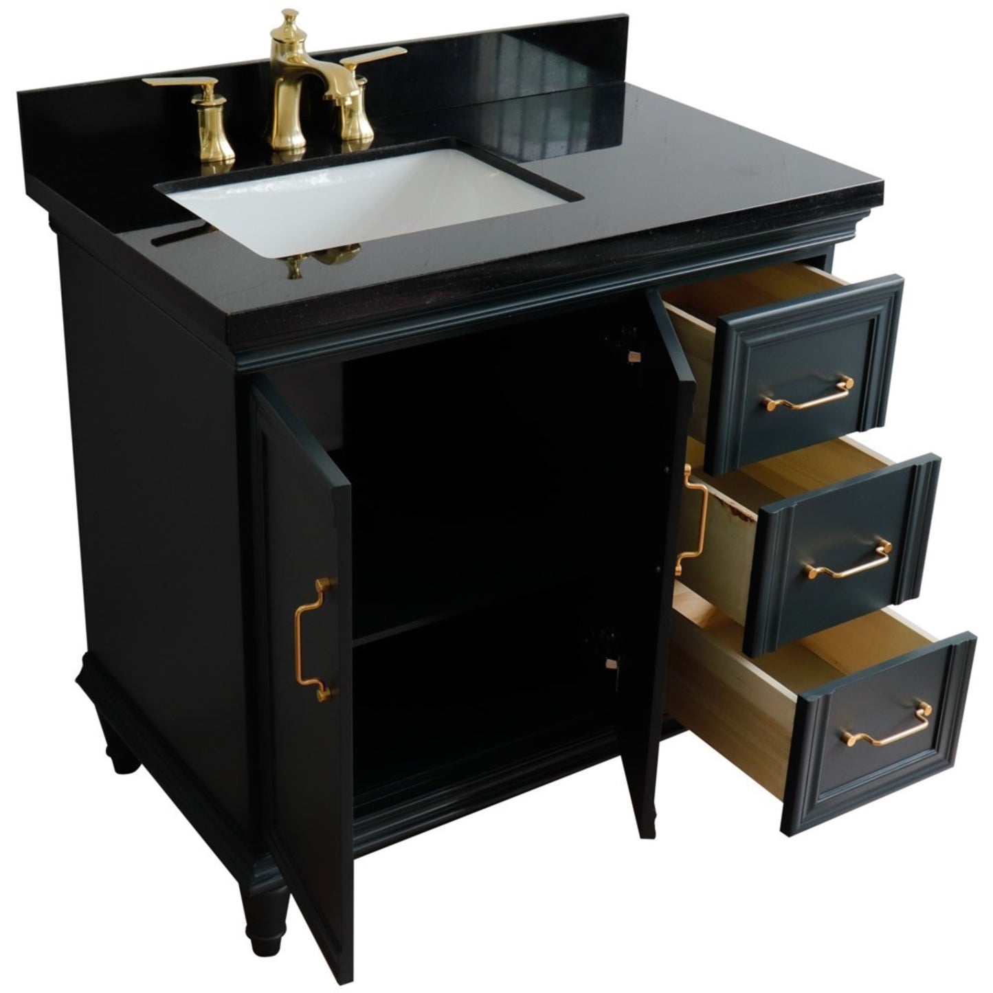 37" Single vanity in Dark Gray finish with Black galaxy and rectangle sink Left door/Left sink
