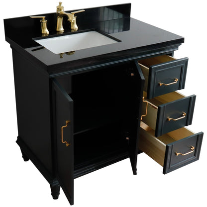37" Single vanity in Dark Gray finish with Black galaxy and rectangle sink Left door/Left sink