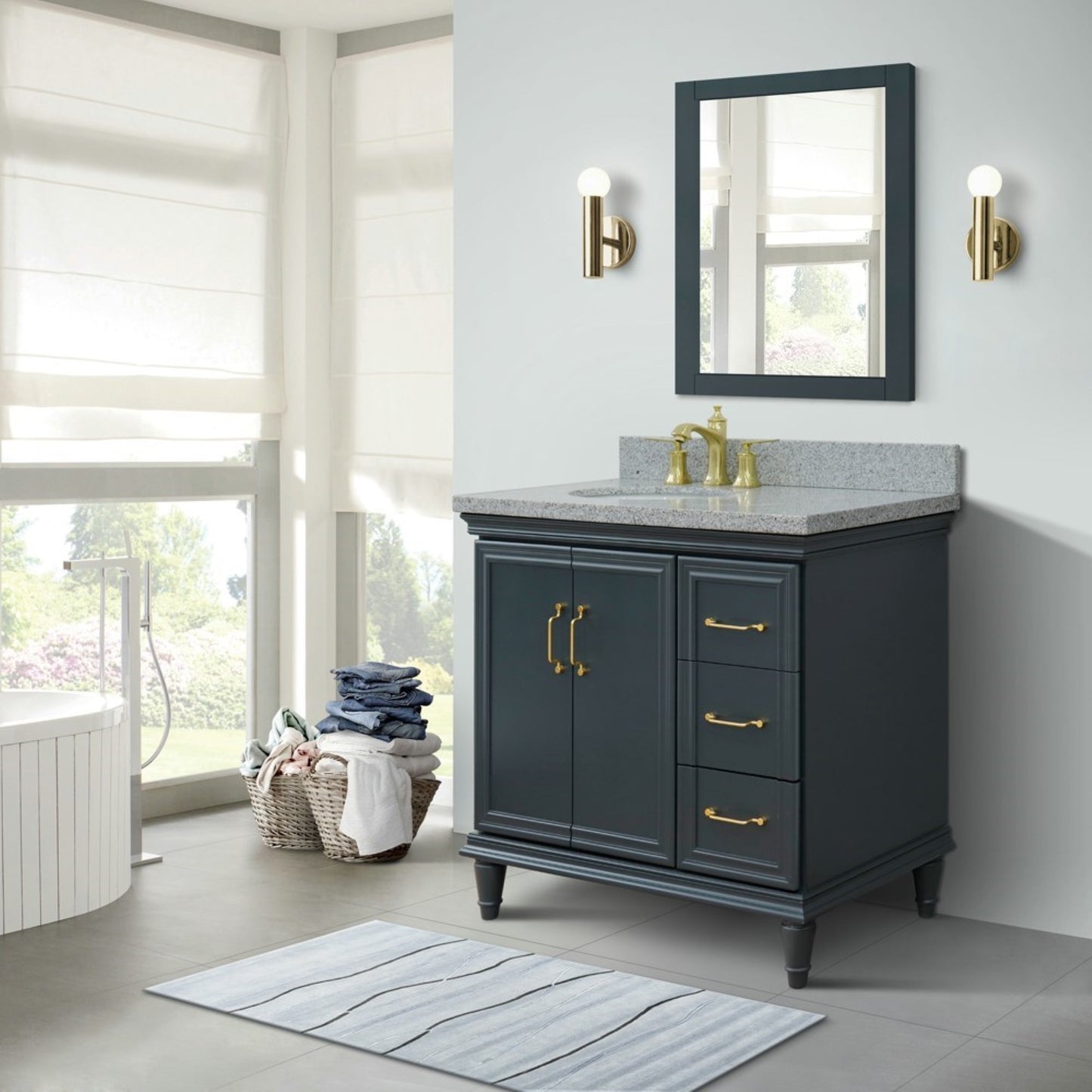 37" Single vanity in Dark Gray finish with Gray granite and oval sink Left door/Left sink
