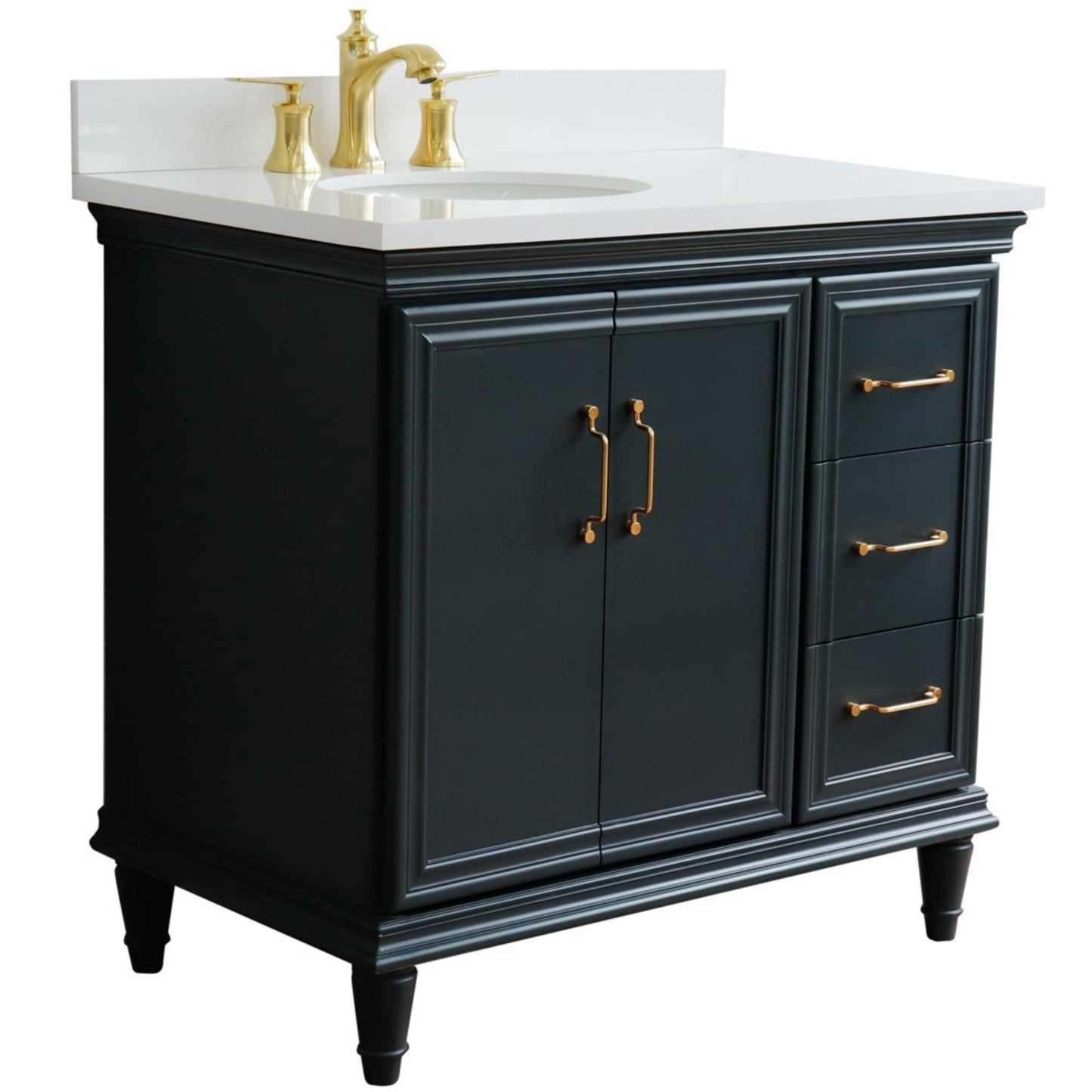 37" Single vanity in Dark Gray finish with White engineered stone and oval sink Left door/Left sink