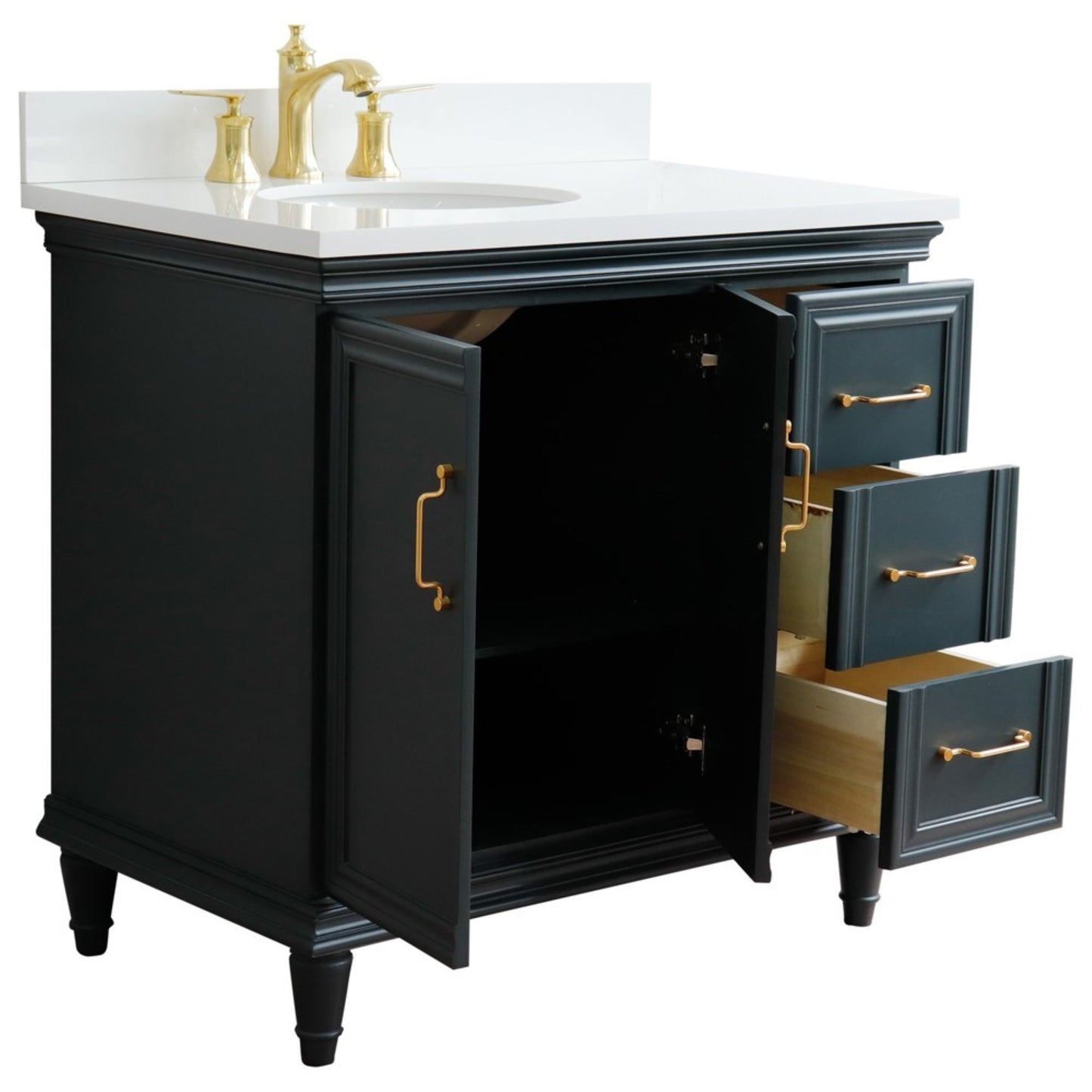 37" Single vanity in Dark Gray finish with White engineered stone and oval sink Left door/Left sink