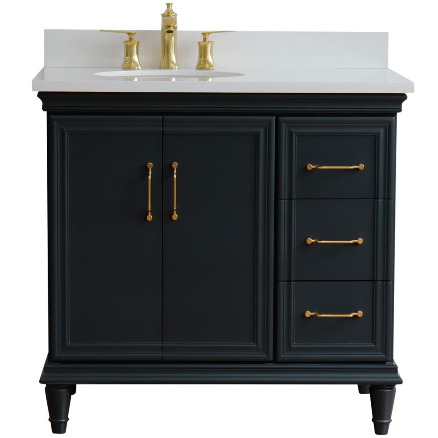 37" Single vanity in Dark Gray finish with White engineered stone and oval sink Left door/Left sink