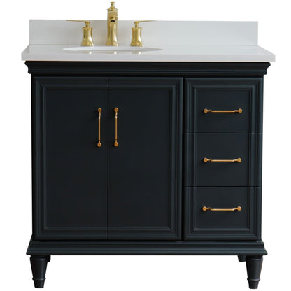 37" Single vanity in Dark Gray finish with White engineered stone and oval sink Left door/Left sink