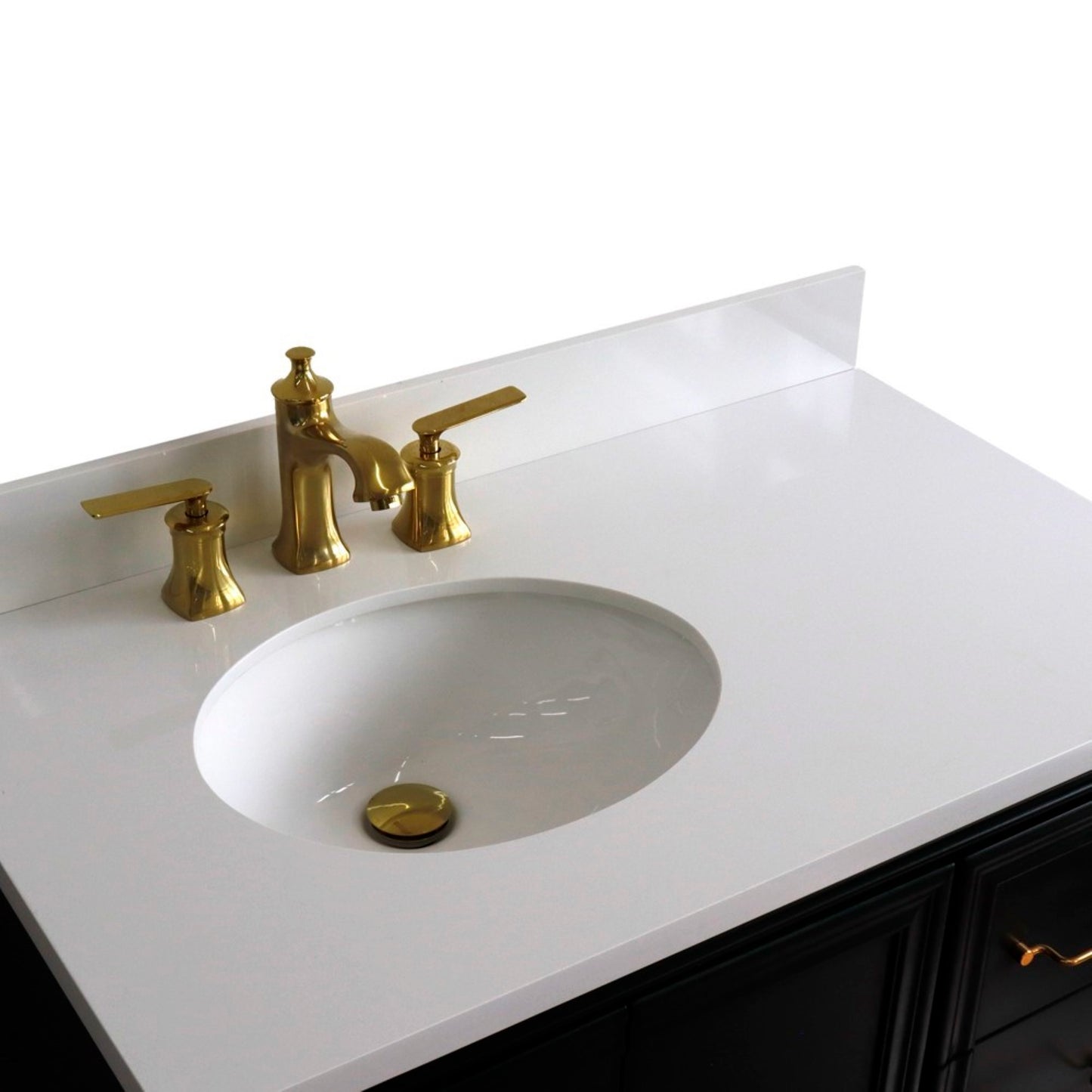 37" Single vanity in Dark Gray finish with White engineered stone and oval sink Left door/Left sink