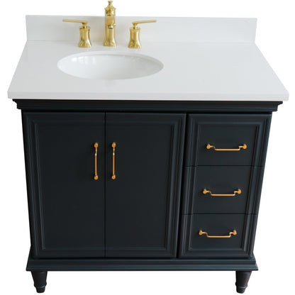 37" Single vanity in Dark Gray finish with White engineered stone and oval sink Left door/Left sink