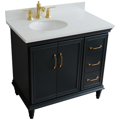 37" Single vanity in Dark Gray finish with White engineered stone and oval sink Left door/Left sink