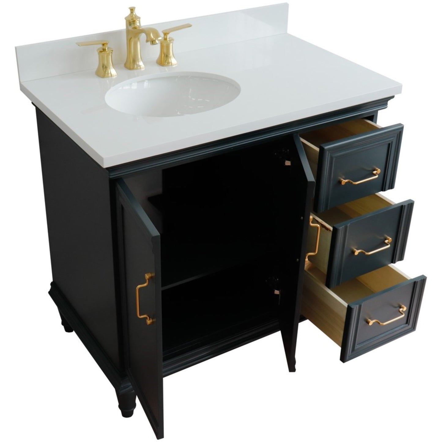 37" Single vanity in Dark Gray finish with White engineered stone and oval sink Left door/Left sink