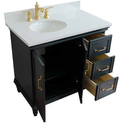 37" Single vanity in Dark Gray finish with White engineered stone and oval sink Left door/Left sink