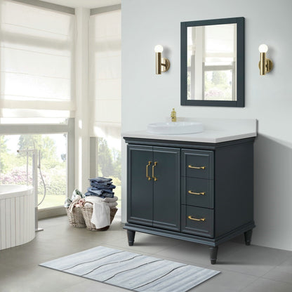 37" Single vanity in Dark Gray finish with White engineered stone and round sink Left door/Left sink