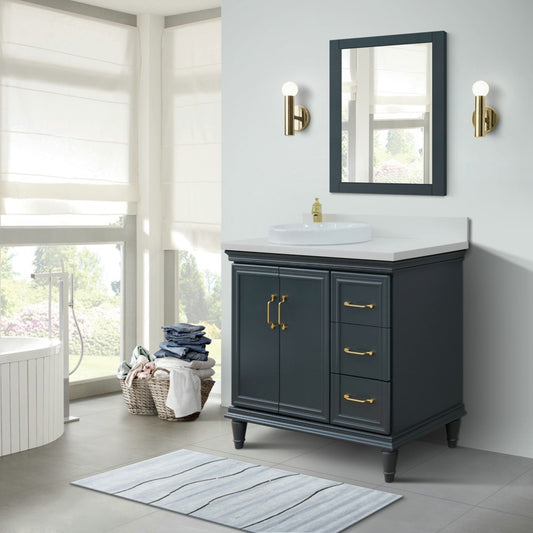 37" Single vanity in Dark Gray finish with White engineered stone and round sink Left door/Left sink