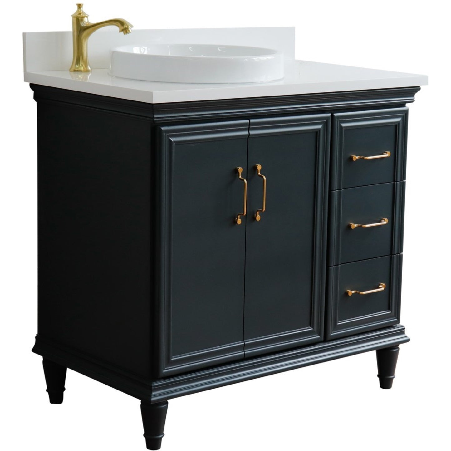 37" Single vanity in Dark Gray finish with White engineered stone and round sink Left door/Left sink