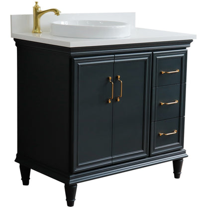 37" Single vanity in Dark Gray finish with White engineered stone and round sink Left door/Left sink