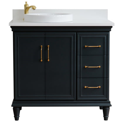 37" Single vanity in Dark Gray finish with White engineered stone and round sink Left door/Left sink