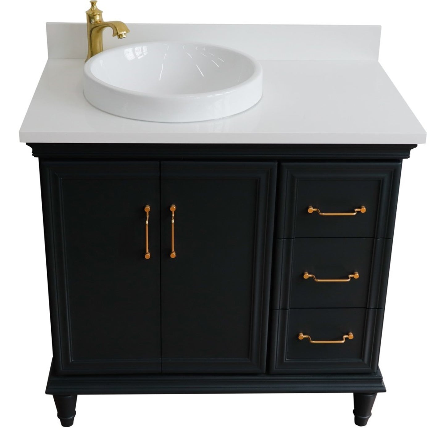 37" Single vanity in Dark Gray finish with White engineered stone and round sink Left door/Left sink