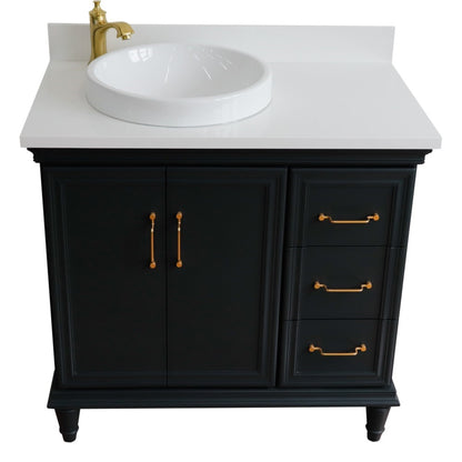 37" Single vanity in Dark Gray finish with White engineered stone and round sink Left door/Left sink