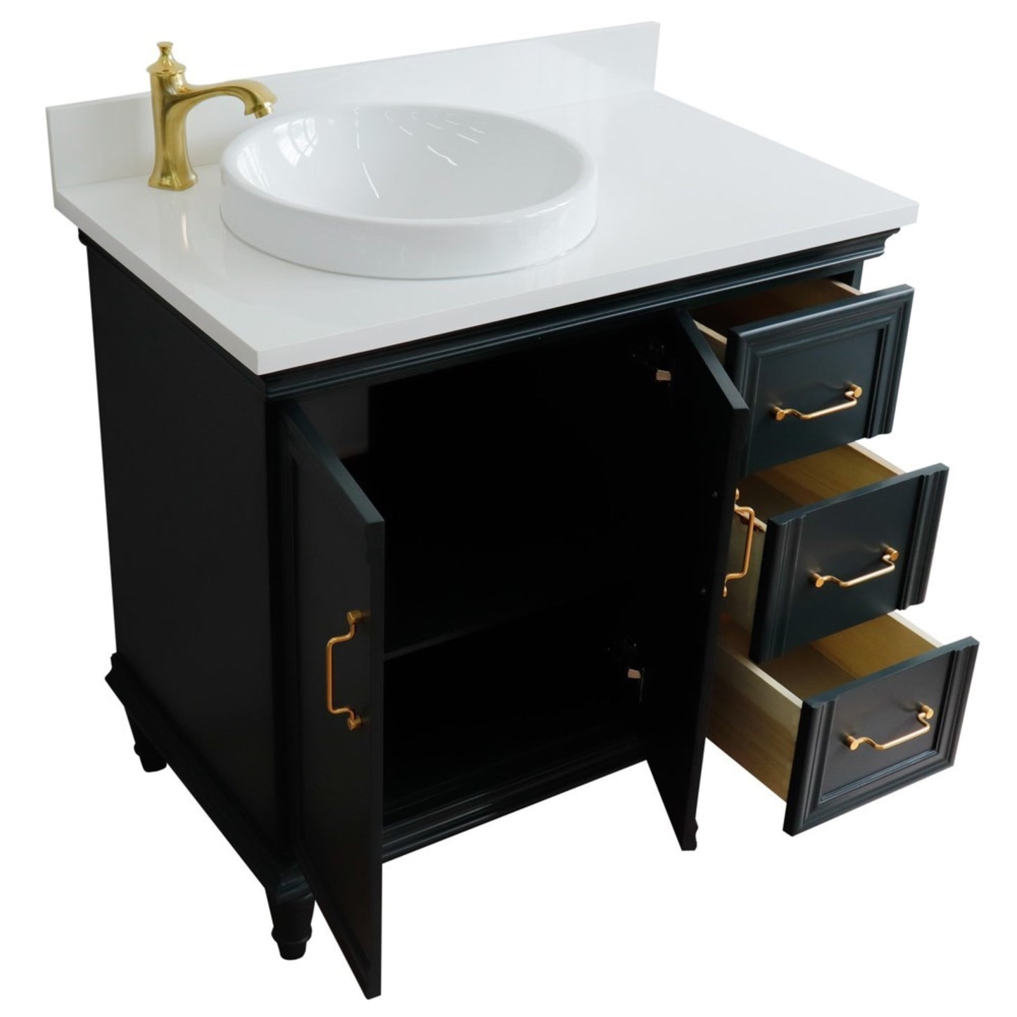 37" Single vanity in Dark Gray finish with White engineered stone and round sink Left door/Left sink