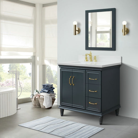 37" Single vanity in Dark Gray finish with White engineered stone and rectangle sink Left door/Left sink