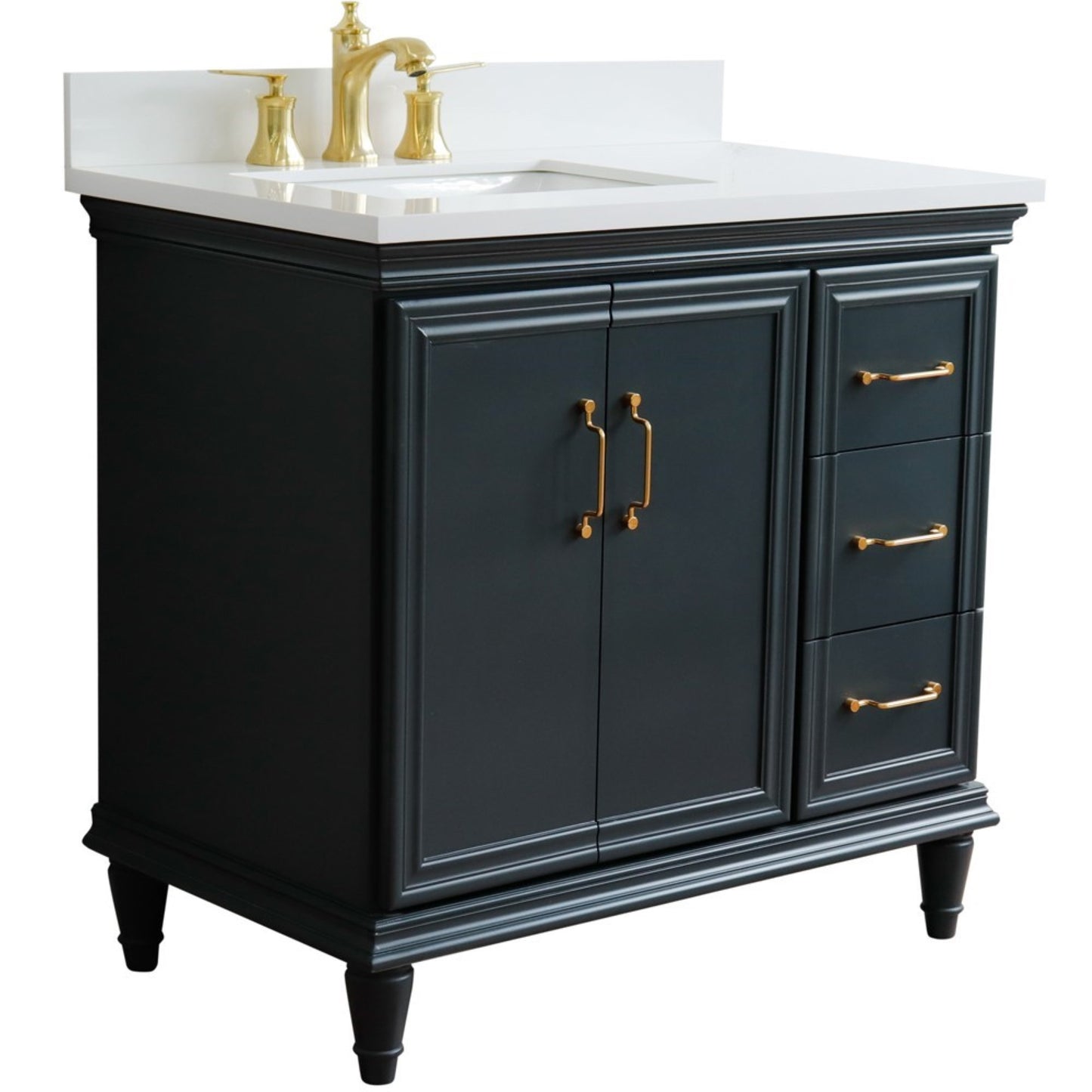 37" Single vanity in Dark Gray finish with White engineered stone and rectangle sink Left door/Left sink
