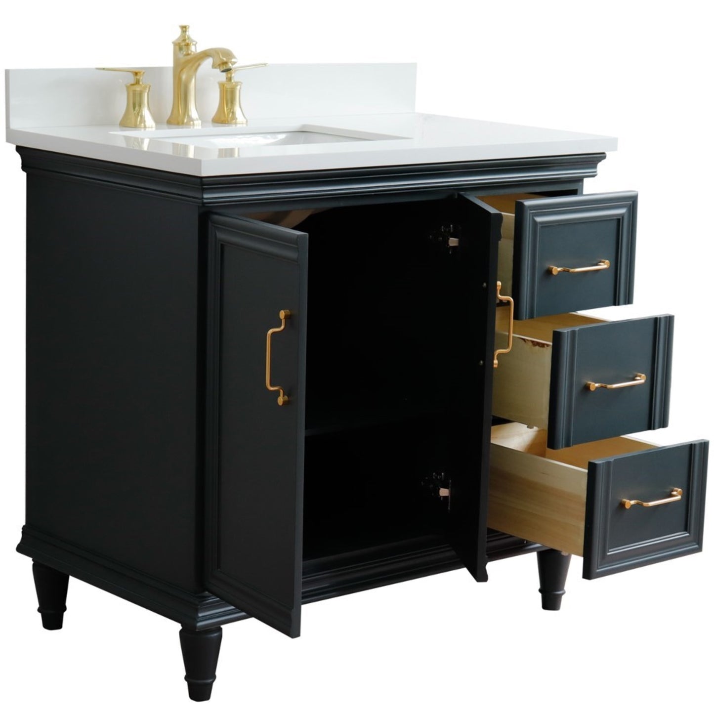 37" Single vanity in Dark Gray finish with White engineered stone and rectangle sink Left door/Left sink