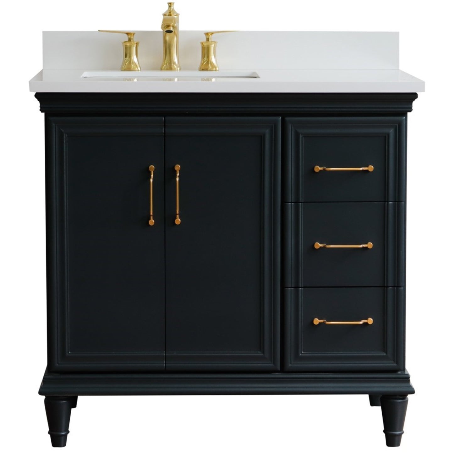 37" Single vanity in Dark Gray finish with White engineered stone and rectangle sink Left door/Left sink