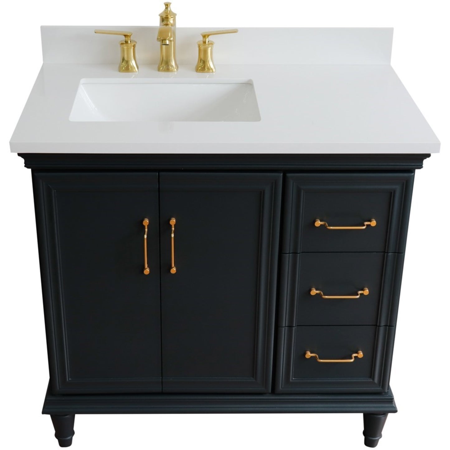 37" Single vanity in Dark Gray finish with White engineered stone and rectangle sink Left door/Left sink