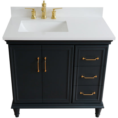 37" Single vanity in Dark Gray finish with White engineered stone and rectangle sink Left door/Left sink