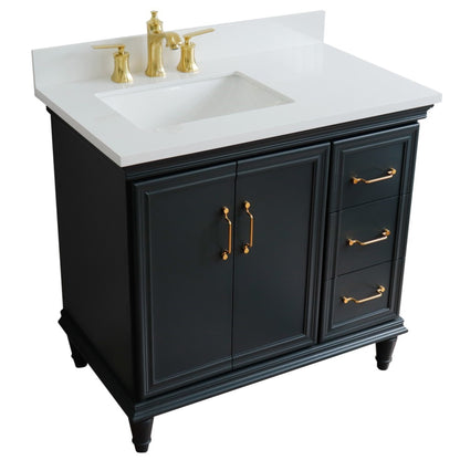 37" Single vanity in Dark Gray finish with White engineered stone and rectangle sink Left door/Left sink