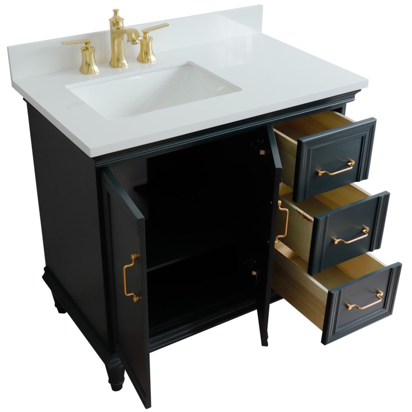 37" Single vanity in Dark Gray finish with White engineered stone and rectangle sink Left door/Left sink