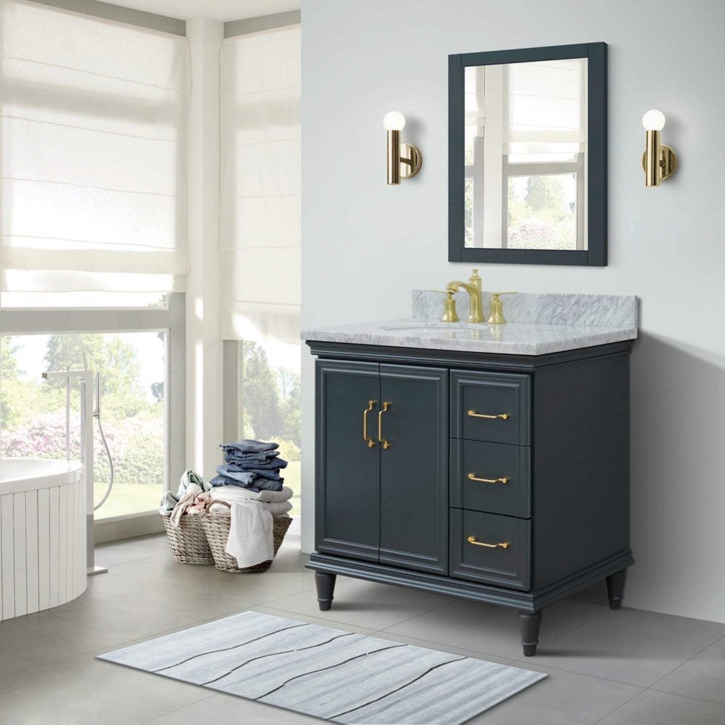 37" Single vanity in Dark Gray finish with White Carrara and oval sink Left door/Left sink